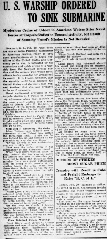 Newspaper clipping from the Republican, titled, "U.S. Warship Ordered To Sink Submarine," 1917 February 20