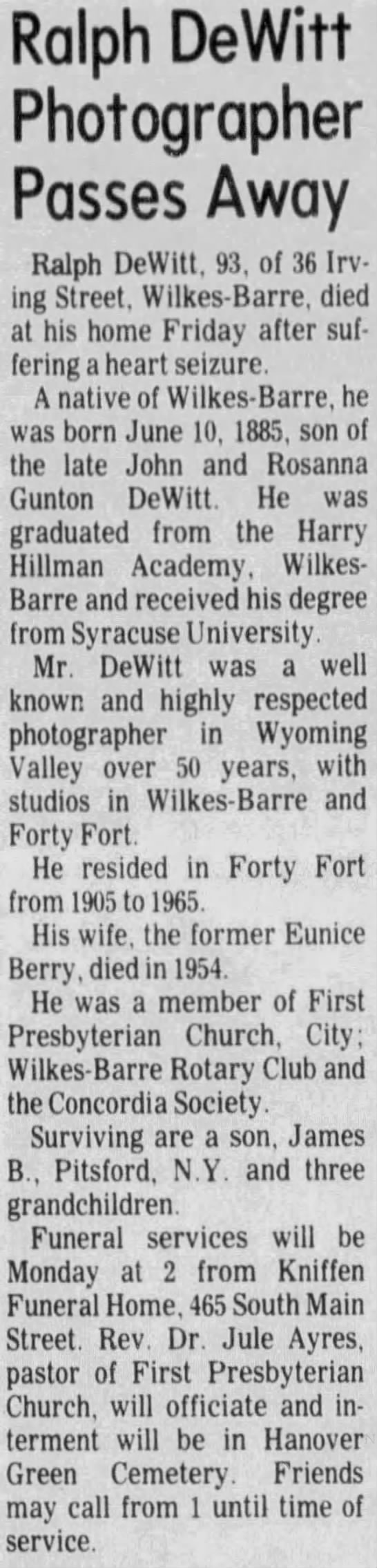 Ralph E. DeWitt Obituary, Citizens Voice (Wilkes-Barre, PA), Monday April  2, 1979 · Wilkes University Institutional Repository