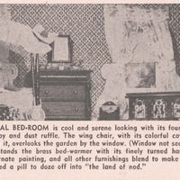 A Photograph in a Newspaper Article from HOBBIES-The Magazine for Collectors, by Stuart A. Parvin, entitled, “Miniaturia,” depicting the “Colonial Bed-Room,” 1962 February.<br /><br />
