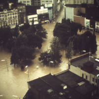 Wilkes-Barre, PA -  Military Helicopter Aerial of Public Square - Hurricane Agnes Flood